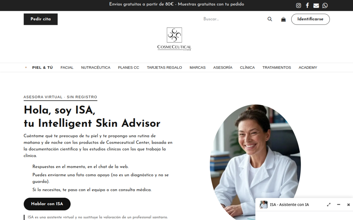ISA, la asesora virtual de Cosmeceutical Center, en nuestra web